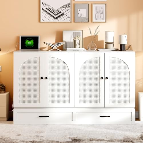 Full Size Murphy Bed Cabinet, Solid Wood Murphy Bed with Charging Station and Large Storage Drawer, Wall Mounted Foldable Platform Bed, Space Saving for Guest Room, Office, Gray