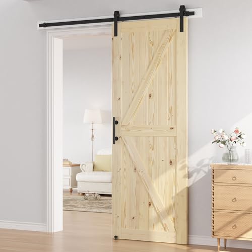 SMARTSTANDARD 36in x 84in Sliding Barn Door with 6.6ft Barn Door Hardware Kit Included, Unfinished Solid Spruce Wood Door, Assembly Required, DIY, Stainable, Natural