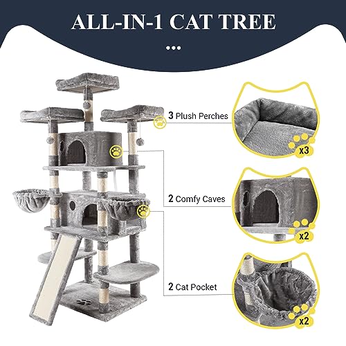 Allewie 68 Inches Cat Tree/House and Towers for Big Feline/Scratching Post/Multi-Level Large Kitty Climbing Tree with Condo/Smokey Grey