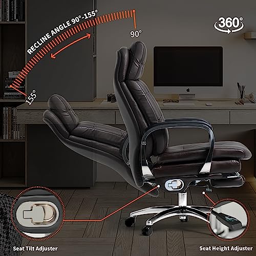 Kinnls Vane Office Chair with Footrest,Ergonomic Management Executive Fully Reclining Office Chair Double Thickened Upholstered Genuine Leather Home Desk Chairs (Without Massage-Coffee)