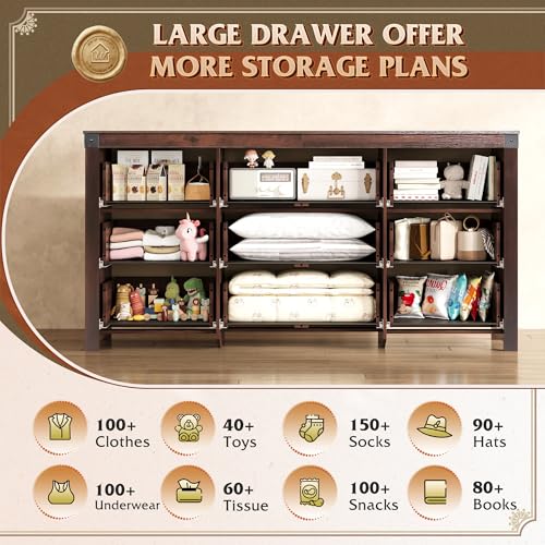 WLIVE 9 Drawer Dressers, Modern Large Wood Dresser Chest for Bedroom Organize with Sturdy Metal Handle, TV Stand for 75 inch TV, Living Room Office, Hallway, Ball Bearing Slide, Grey Oak (63" W)