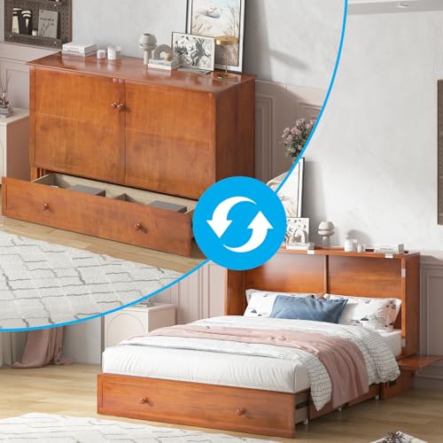 Mjkone Murphy Bed Cabinet, Murphy Bed with Large Storage Drawers，Murphy Bed Queen with Built-in Charging Station, Chest Bed with Mattress,Murphy Cube Chest Bed for Guest Room Bedroom Office, Gray