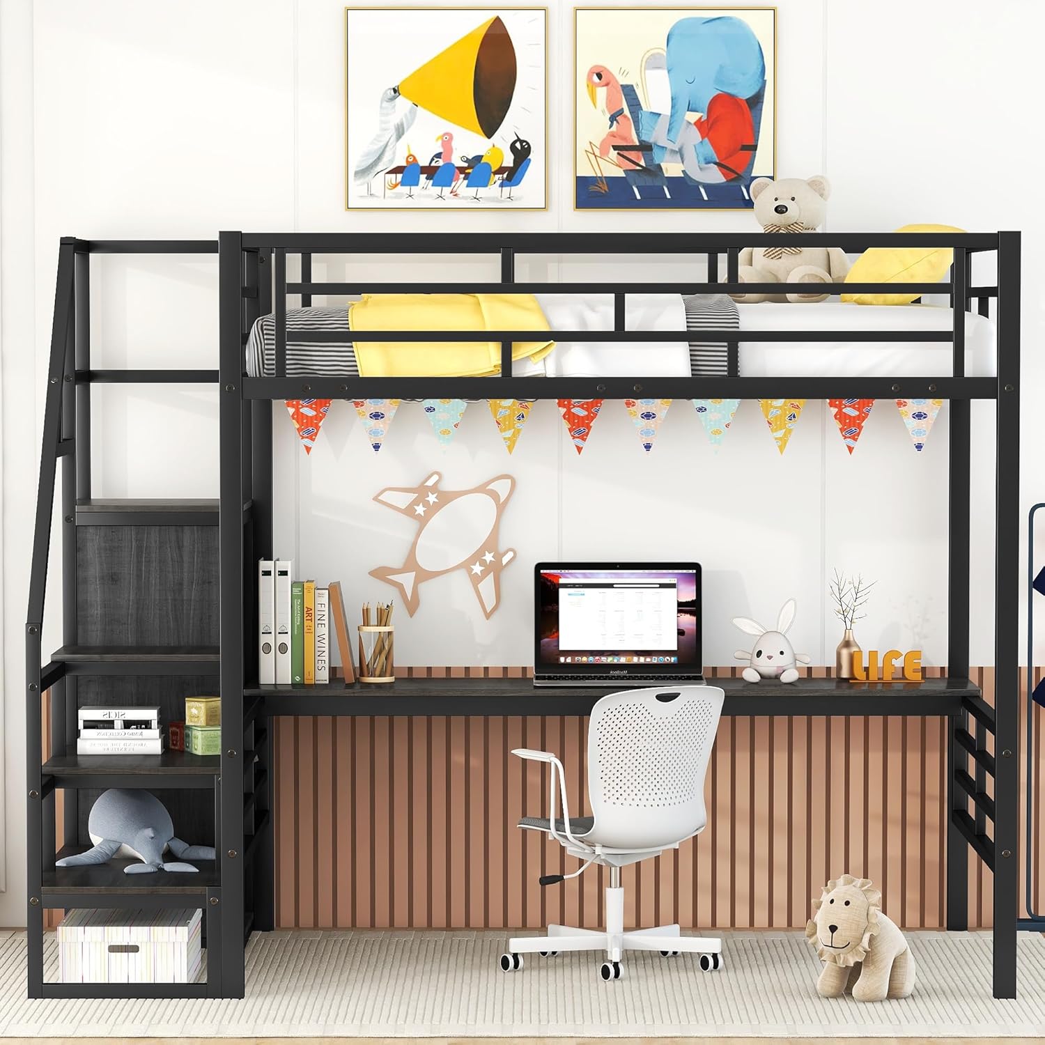 CITYLIGHT Full Loft Bed with Desk and Wardrobe,Metal Loft Bed Full Size with Storage Stairs and Guard Rail,Space Saving Loft Bed with Desk Underneath for Kids Teens,Black