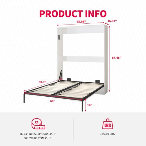 MUZZ Murphy Bed with Wardrobe，Murphy Cube Cabinet Bed with Space Saving Design，Morden Foldable Wall Bed with 1 Side Cabinet, Fold Up Murphy Bed Cabinet for Guest Room，Bedroom（Dark Grey）