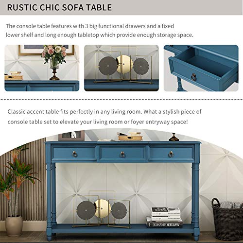 Merax Narrow Console Sofa Table with Drawers and Long Shelf for Living Room, Entryway/Hallway, Antique Navy
