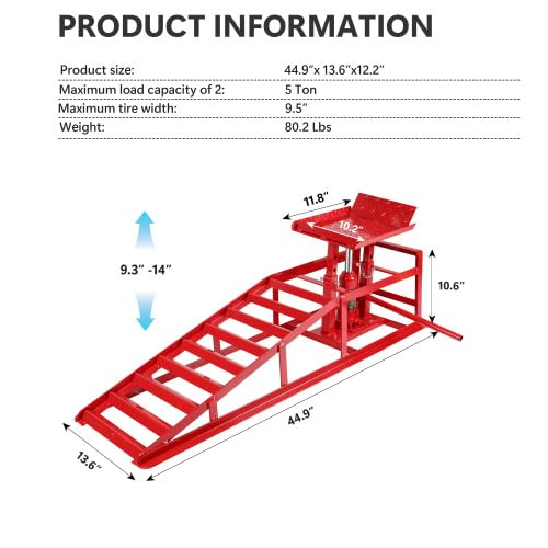 2PCS 5 Ton Hydraulic Car Ramps, Heavy Duty 3-Position Adjustable Vehicle Lift Ramps 9.3"-14" Height, Anti-Slip Steel Ramps for Oil Changes & Garage Repairs, Red