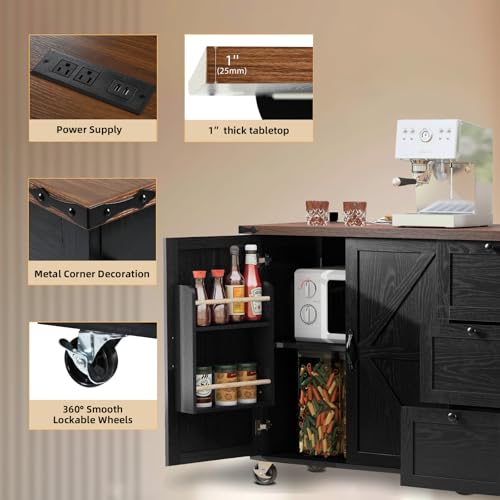Kitchen Island with Storage, Rolling Kitchen Island Cart On Wheels with Power Outlet & Drop Leaf Countertop, Mobile Island Table for Kitchen with 2 Drawers 2 Cabinet, Spice Rack, Towel Rack, Black