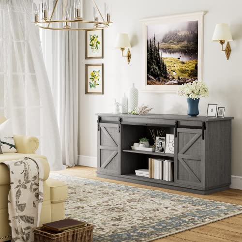 YESHOMY Farmhouse TV Stand for Televisions up to 65 Inches, Sliding Barn Doors and Storage Cabinets, Console Table and Media Furniture for Living Room, 58 Inch, Milk White