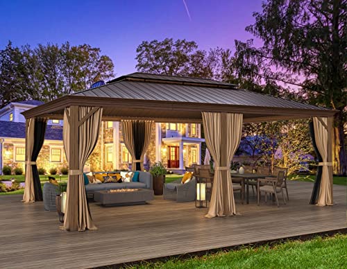 MELLCOM 12'x16' Hardtop Gazebo, Galvanized Steel Metal Double Roof Canopy with Curtains and Netting, Brown Permanent Pavilion Gazebos with Aluminum Frame for Garden, Patio, Lawns, Deck