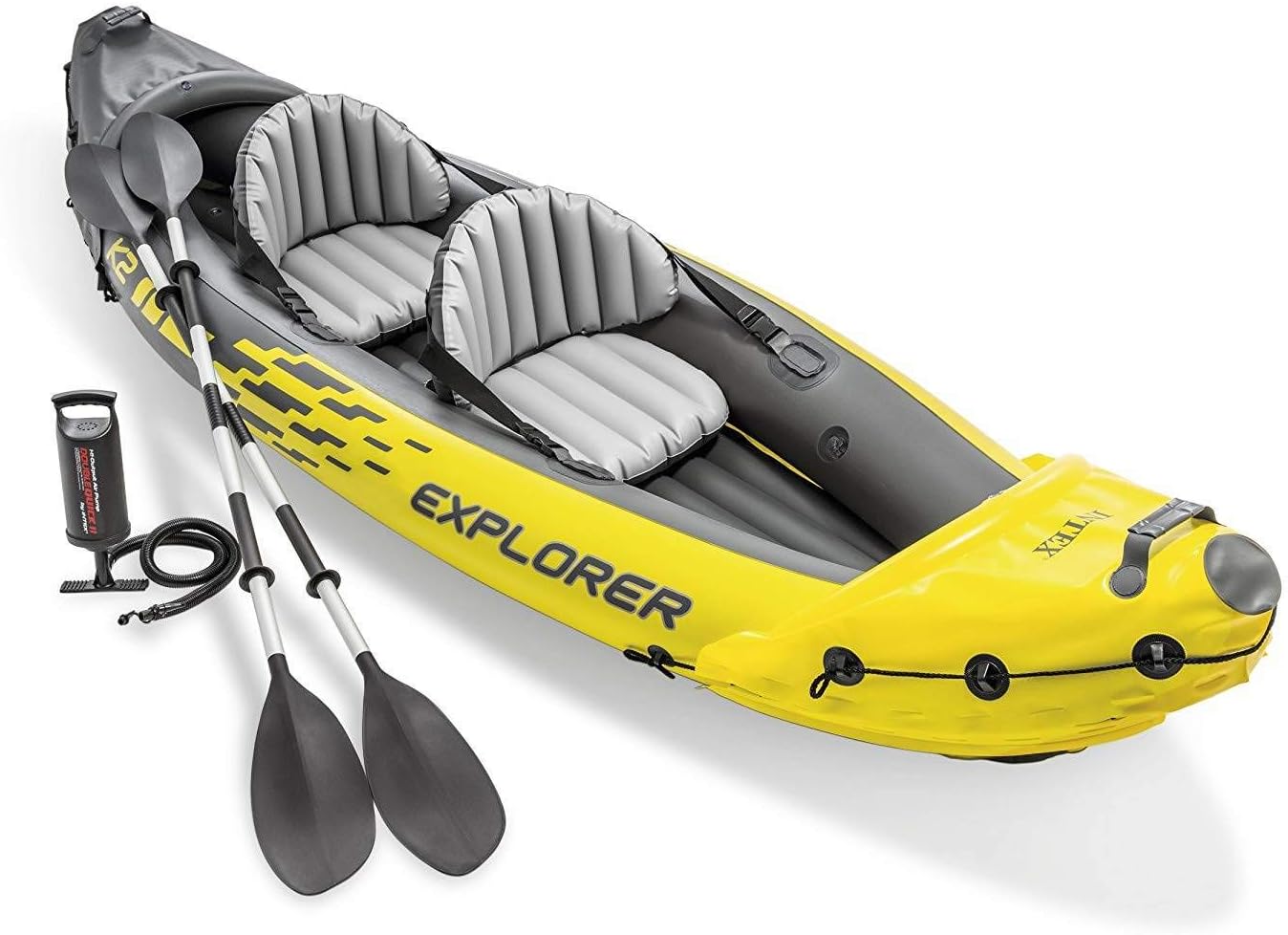 Intex Explorer K2 2-Person Inflatable Kayak with 2 Aluminum Oars and Pump and Challenger K1 1-Person Inflatable Kayak with 1 Oar, Hand Pump and Skeg