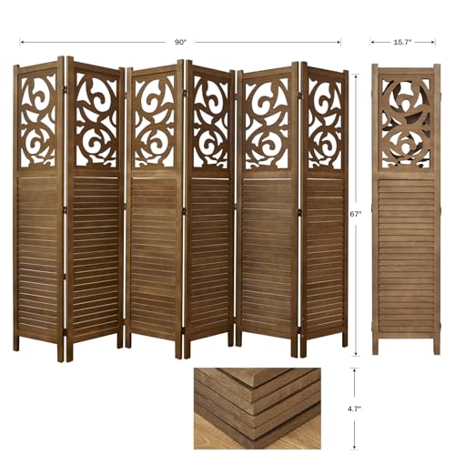 Room Divider Wood Carved Wall Divider Indoor Folding Portable Partition Screen for Home Office Garden Terrace - 6 Panel, 67 * 90inch (Dark Brown)