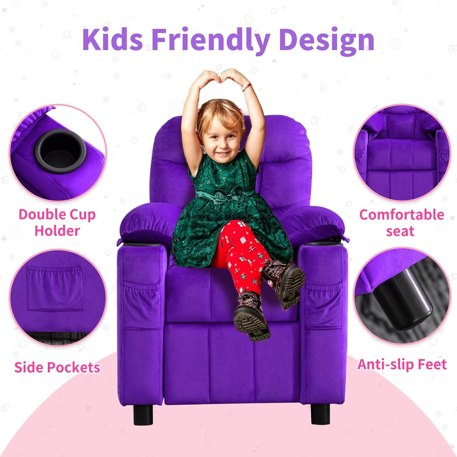 Kids Recliner, Toddlers Kids Recliner Chair with Cup Holder, Ergonomic Adjustable Velvet Lounge Chair with Footrest & Side Pockets, Toddlers Kids Baby Sofa for Boys Girls Bedroom (Purple)