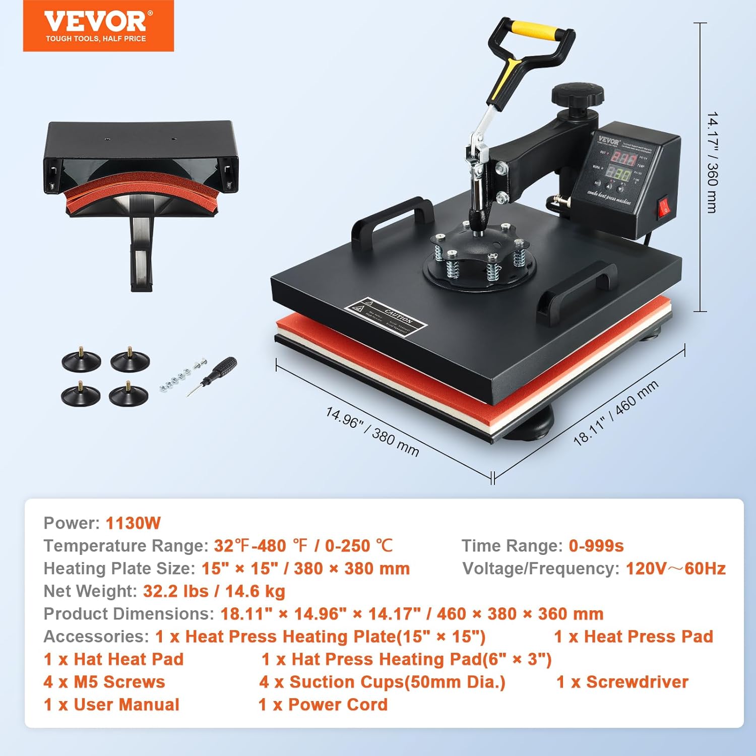 VEVOR 15x15 Heat Press Machine with Hat Press, 360° Swing Away Digital Tshirt Press Machine, Clamshell Heat Transfer Sublimation for Printing T-Shirt Hat Cap Pillow Bag