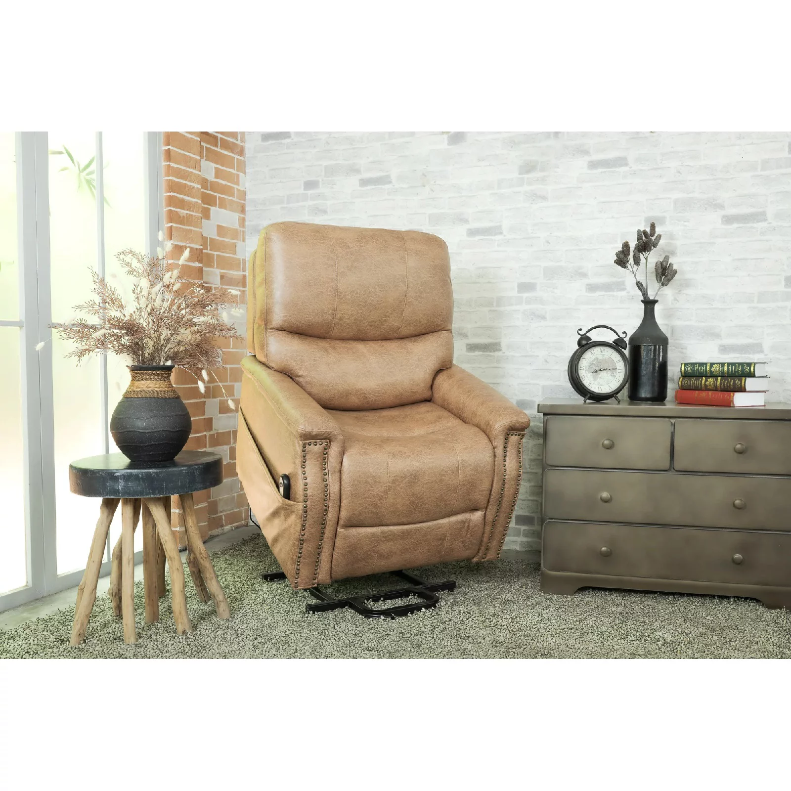 Nathaniel Home Polished Microfiber Power Lift Recliner, Breathable Leather Power Lift Chair, Home Sofa Chairs with Lumbar Support, Mocha