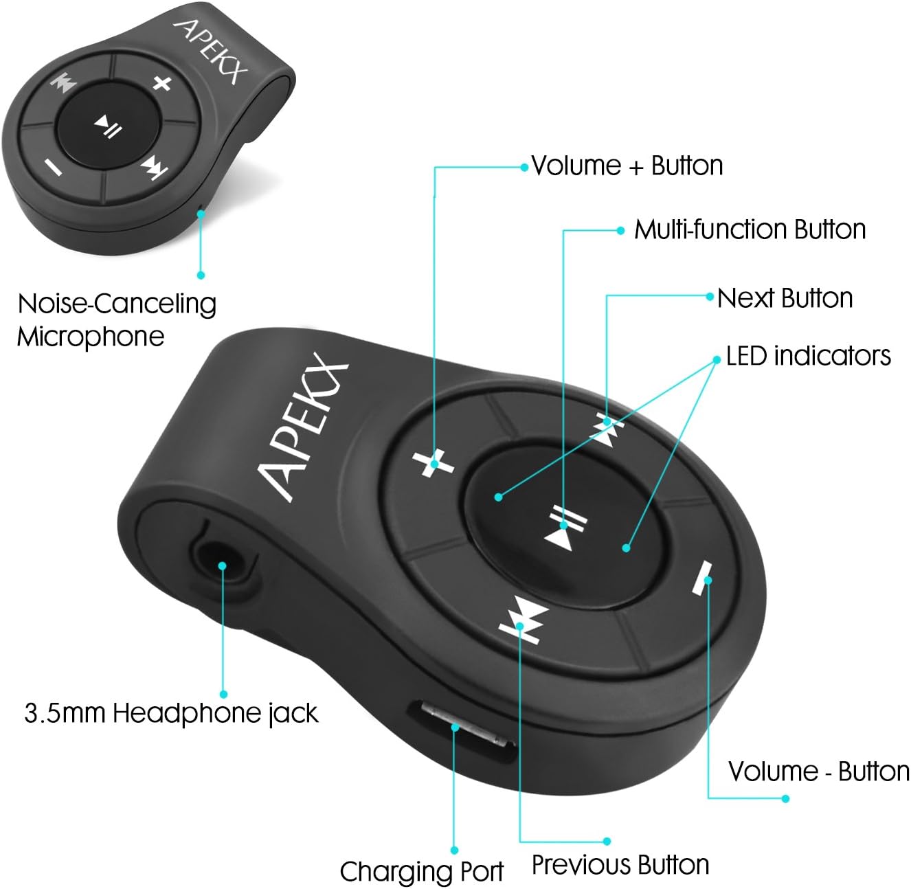 APEKX Clip Bluetooth Audio Adapter for Headphones, Headset, Speaker, Wireless Receiver with MIC for Hands-Free Call and Music