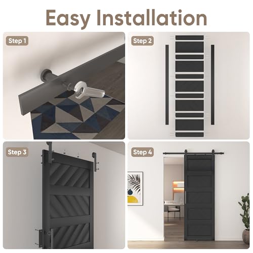 JUBEST 36" x 84" Barn Door, Slding Barn Door Kit Wave Shape Barn Door Panel with Hardware Kit Include, Easy Installation, Solid Wood, MDF & PVC Covered, Black