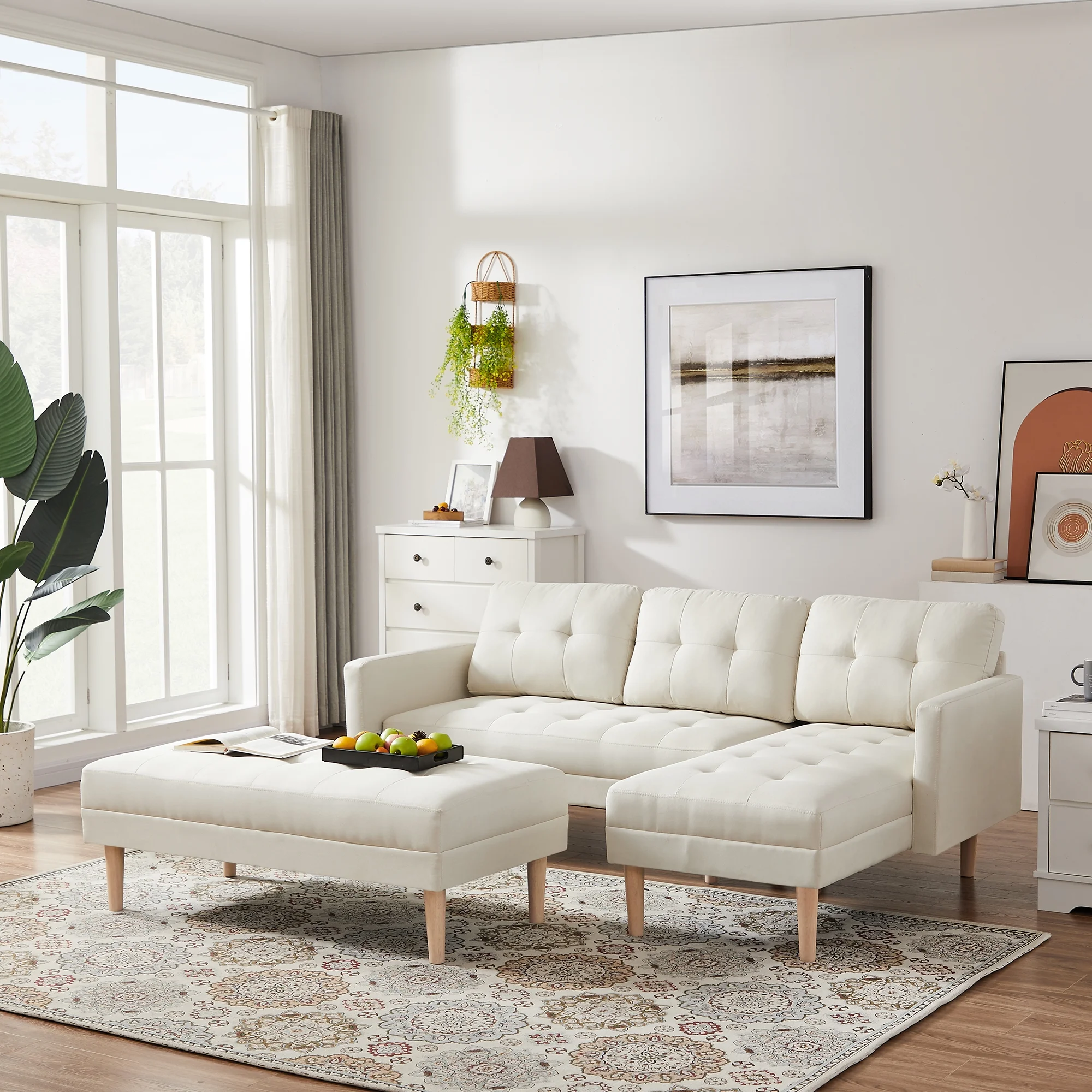 Sleeper Sofa Bed Reversible Sectional Couch with Bench, Modern L Shaped Couch for Living Room,Fabric Beige