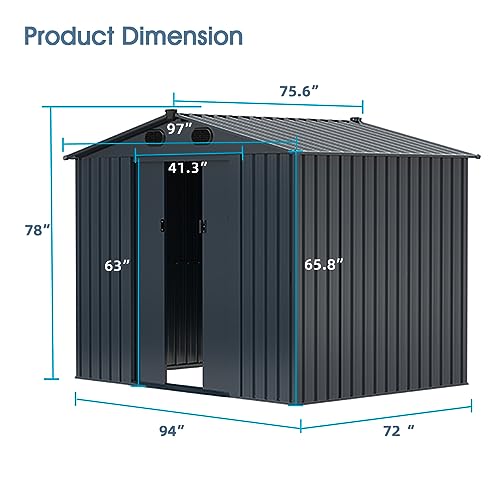 Industrial Outdoor Large Metal Storage Shed 6x8Ft, Anti UV Galvanized Steel Storage House with 4 Vents and Double Sliding Door, Weather-Resistant for Backyard, Patio, Lawn