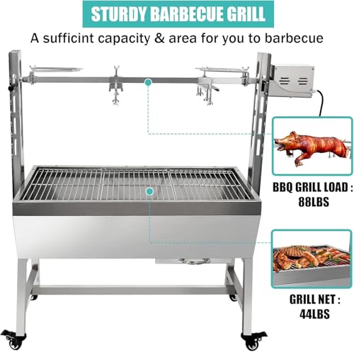 Portable BBQ Whole Pig, Lamb, Goat Charcoal Spit Rotisserie Roaster Grill, 25 Watt Motor, Stainless Steel, With Back Cover Guard,with Baffle