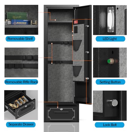 6 Gun Safe,Gun Safe for Rifles and Pistols,Gun Cabinet for Rifles and Shotguns with Drawer,Electronic Rifle Safe,Gun Safes & Cabinets with LED Light, Removable Shelf and Gun Rack (6-gun safe)