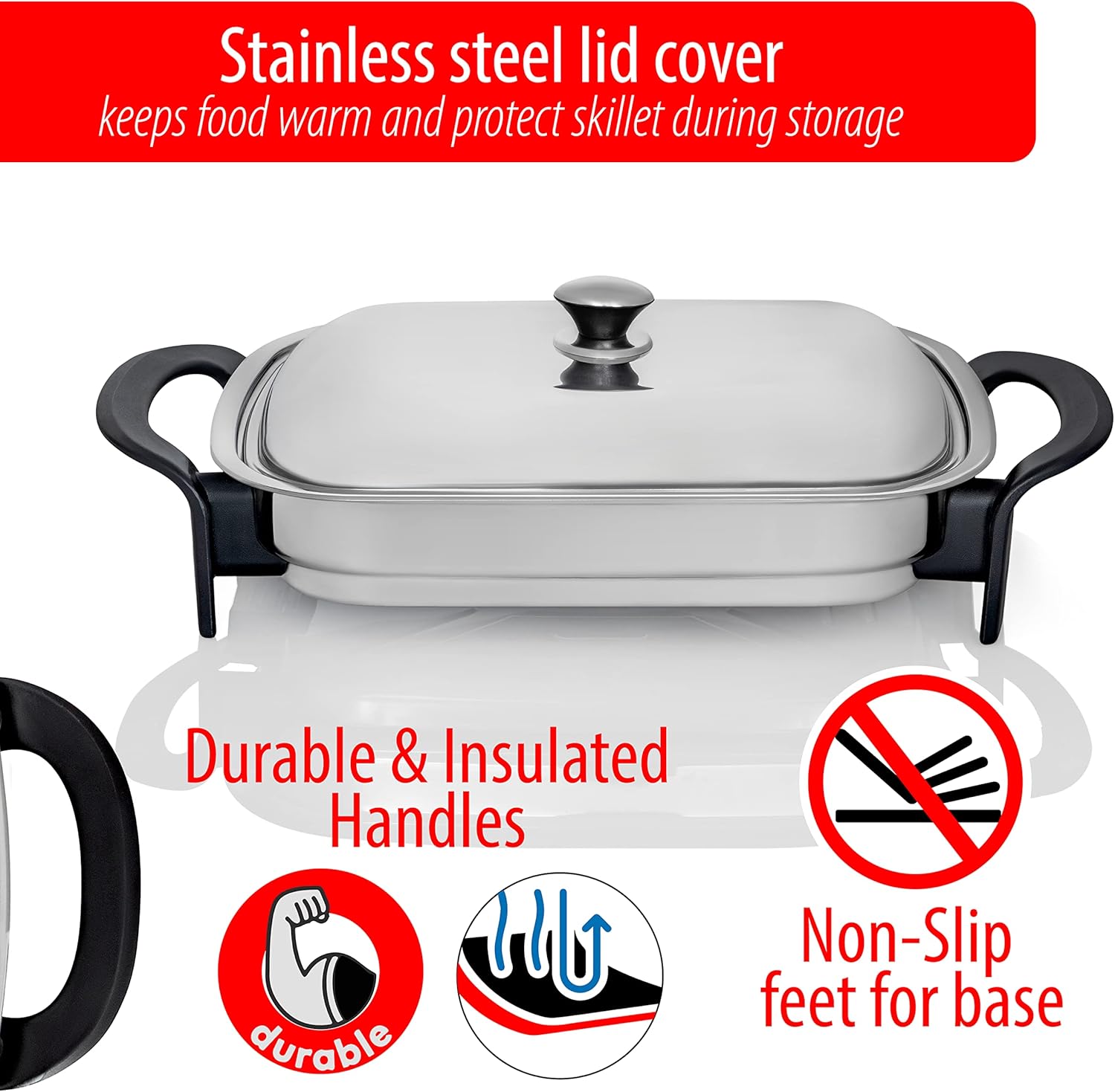 Maxam 16-Inch Electric Skillet - Rectangular Stainless Steel Pan with Handles and Lid Cover