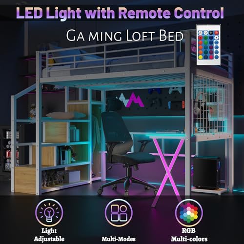 Full Size Loft Bed with Desk and Stairs,Metal Gaming Loft Bed Full with Wardrobe and Shelf, High Loft Bed with LED & USB Charging Station for Teens, Adults, Space Saving Design,Black