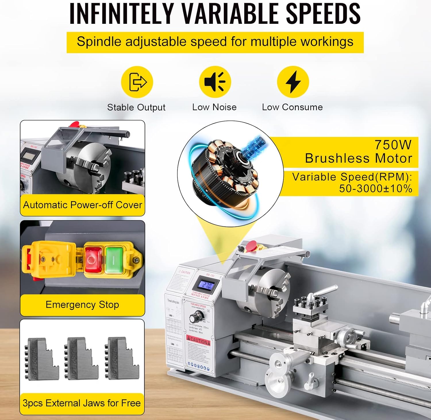 VEVOR Metal Lathe 8.7 x 29.5 Inch/220 x 750MM Mini Metal Lathe 750W Infinitely Variable Speed Mini Lathe Machine LED Screen for Counter Face Turning Driling