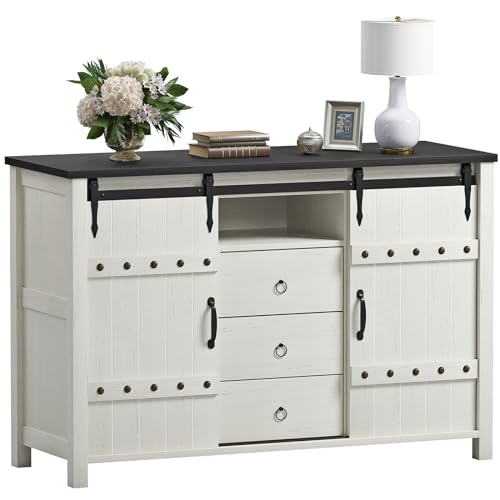 REAHOME Farmhouse Dresser for Bedroom Wood Dresser 48" Wide Modern Chest of Drawers with 3 Drawers & 2 Sliding Barn Doors Rustic Dresser TV Stand for Bedroom, Living Room, Kitchen - Rustic Brown