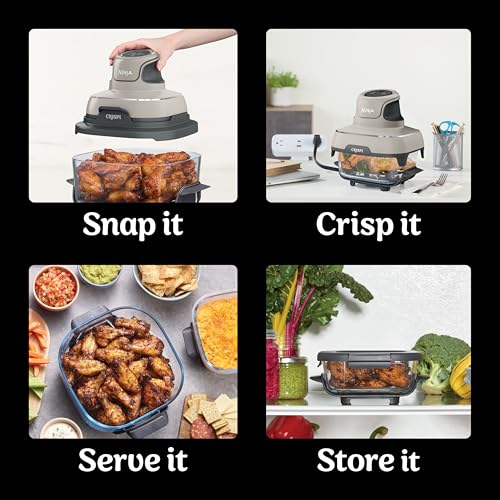 Ninja Crispi Air Fryer, Microwave, Freezer & Dishwasher Safe, Non Toxic Glass Portable Cooking System, 4 QT & 6 Cup Glass Containers with Storage Lids, Easy Meals, Air Fry, Bake, Green, FN101SG
