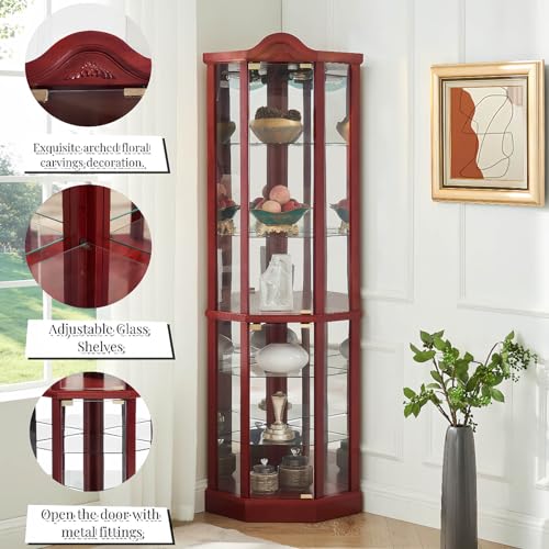 Glass Display Cabinet with Glass Doors, Corner Curio Cabinet with 4 Adjustable Glass Shelves, China Cabinet with Wooden Flower Carving for Living Room, Hallway, Cherry
