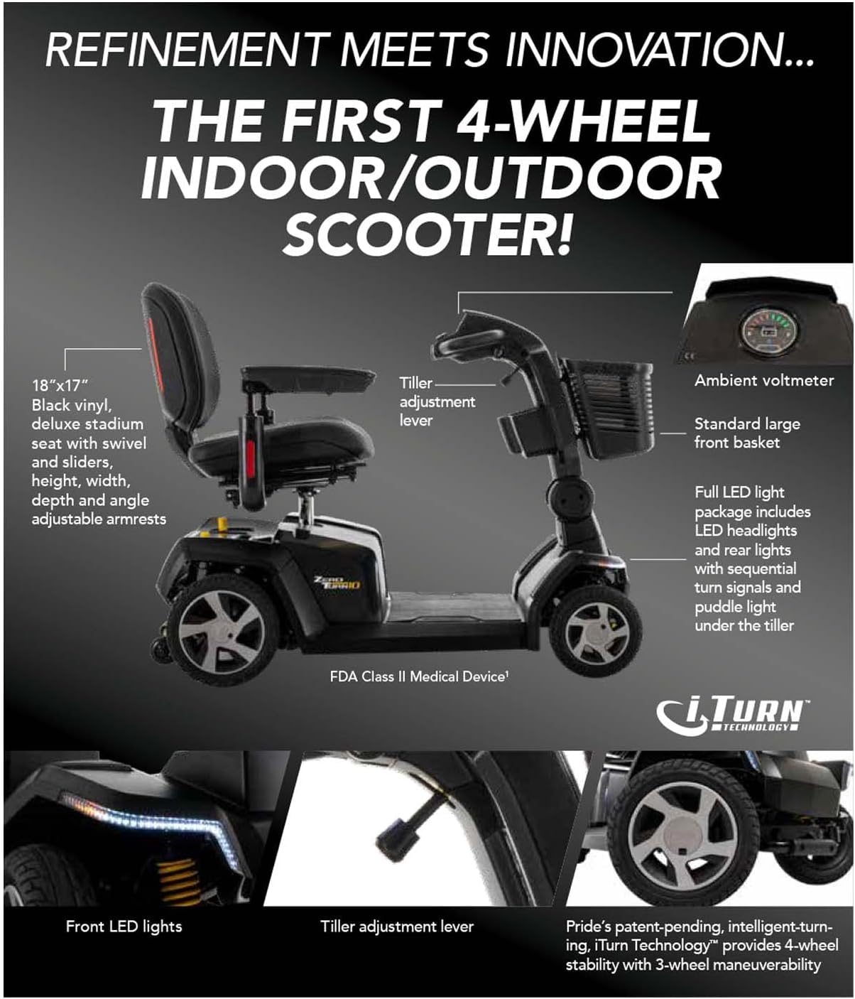 Pride Mobility Zero Turn 10 4 Wheel S710ZT Mobility Scooter, Outdoor 4-Wheel Travel Electric Mobility Scooter for Adults, 400 lbs. WC, Up to 7.3 or 7.5 MPH, 15.9 or 21.2 Range Per Charge