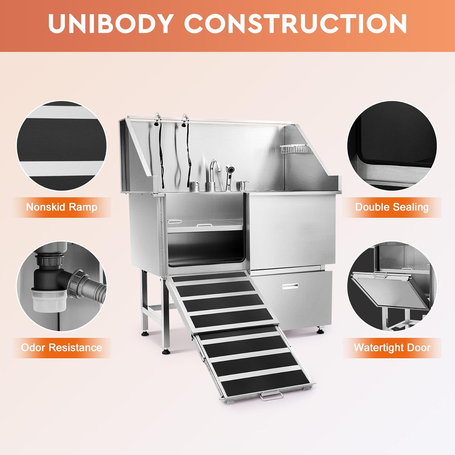CO-Z Professional Dog Bathing Station, 50 in. Dog Grooming Tub with Nonskid Retractable Ramp for Large Dogs, Stainless Steel Dog Washing Station with Swivel Faucet Pull Out Showerhead Storage Drawer