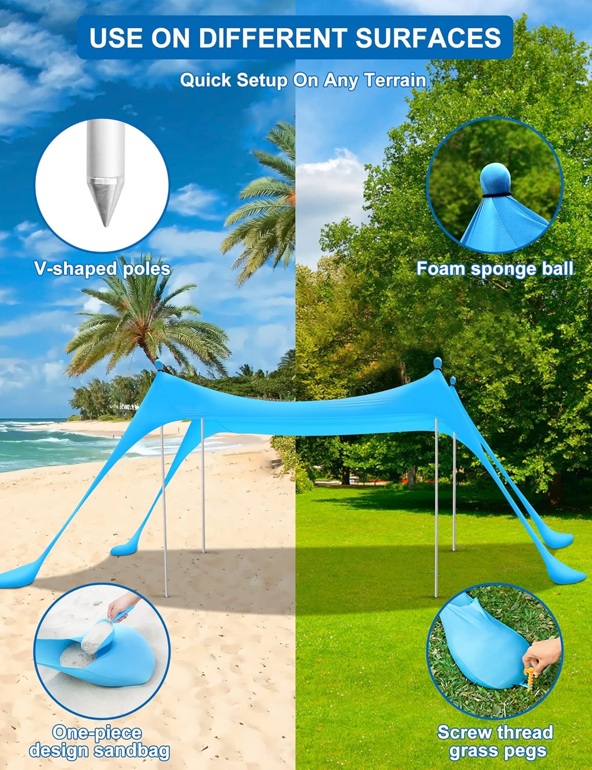 Beach Tent MAXVINI 10×10FT Beach Canopy with 4 Aluminum Poles Beach Shade for 6-8 Adults Pop Up Beach Tent Sun Shelter UPF50+ Easy Setup Beach Tents for Beach Lawn Park Fishing Backyard and Picnic