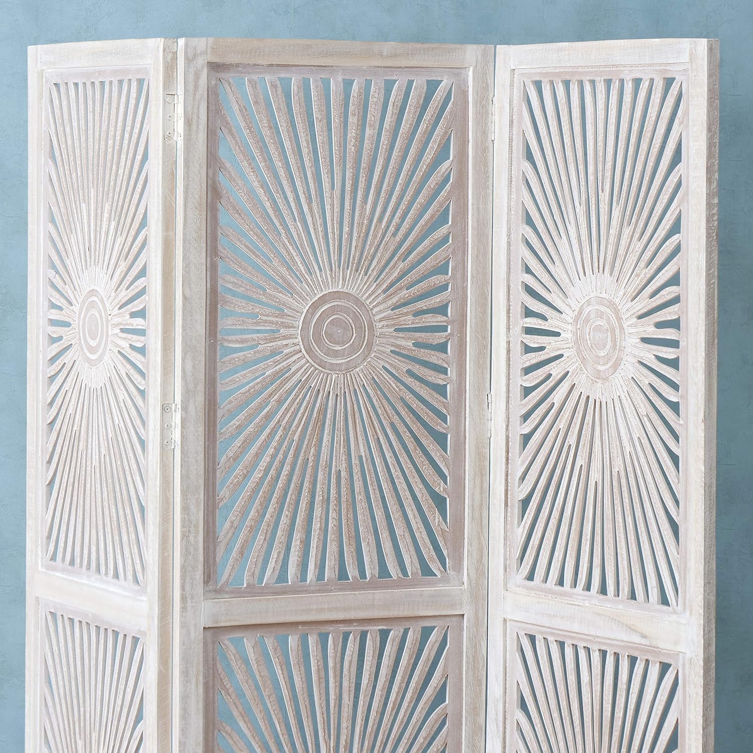 Modernist Sunburst Room Divider, Carved, Abstract Burst Motif, 3 Panel, Vintage Style, Rustic Pale Wood, White Wash Distressed, Mango and MDF Wood, Approx. 6 Ft Tall, 71.75 Inches Tall (182 H cm)