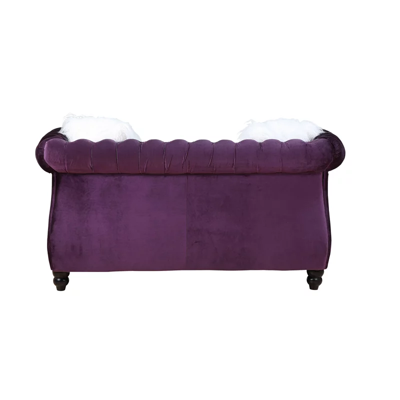 Bowery Hill Transitional Loveseat with 2 Pillows in Purple Velvet