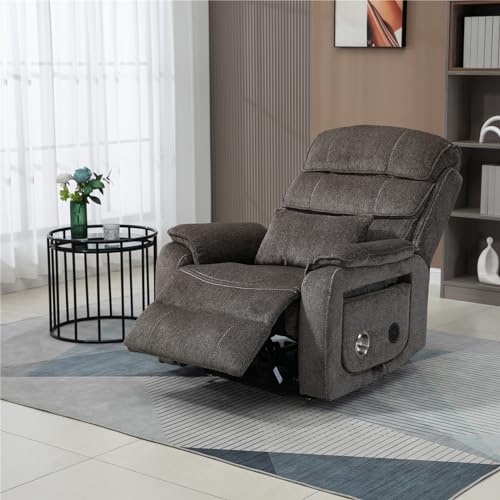 Light Grey Recliner Chair for Elderly | Tall and Big Man 400lbs | Chenille | Power Lift, Lay Flat, Stand Up, Wireless Charging Device, Extended Footrest, Massage Heat, Cup Holder, Lumbar Pillow