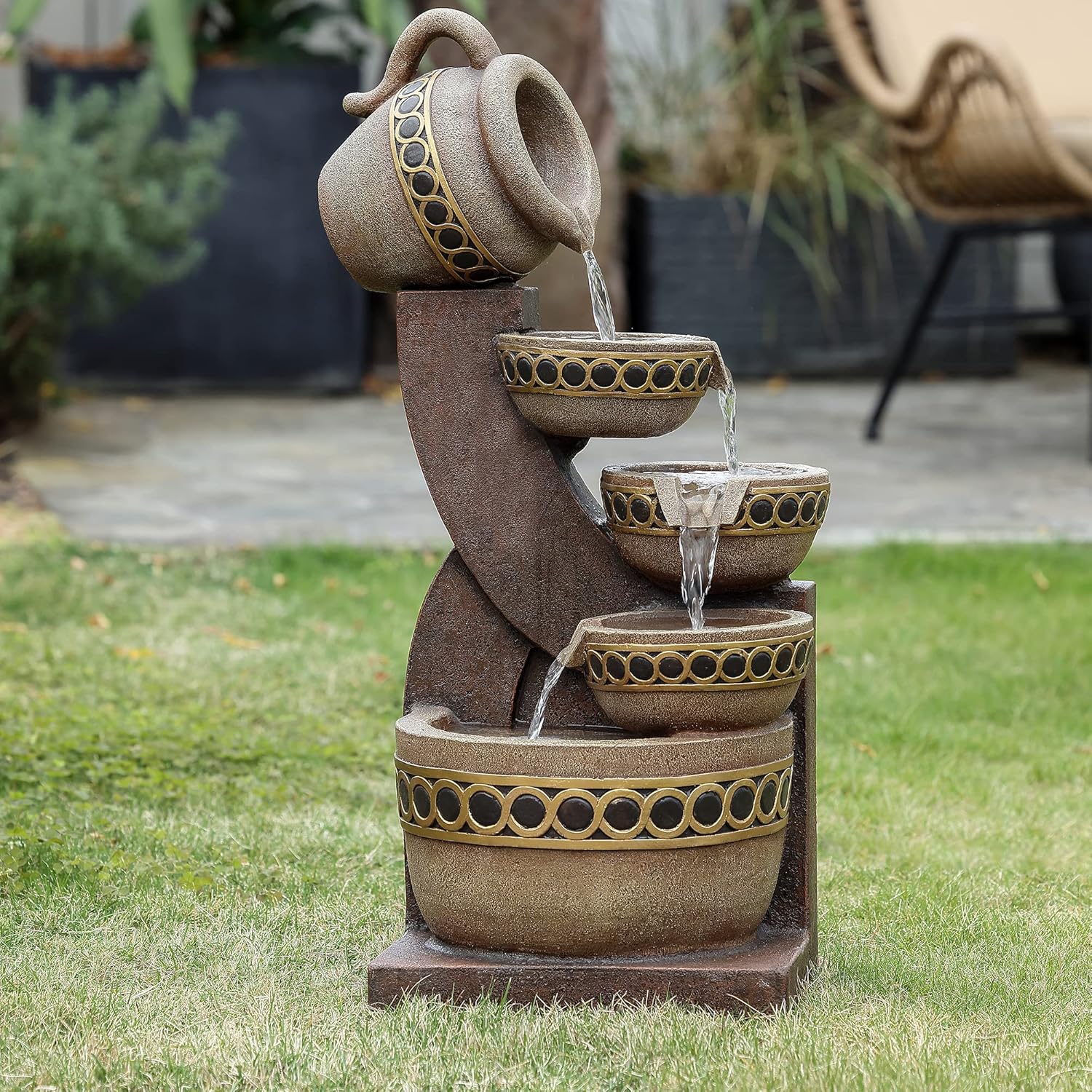 LuxenHome Outdoor Water Fountain, 5 Tiered Polyresin Cascading Pitchers Outdoor Fountains and Waterfalls, Water Fountain Decor for Patio, Yard, and Garden, Water Feature Waterfall Fountains Outdoor