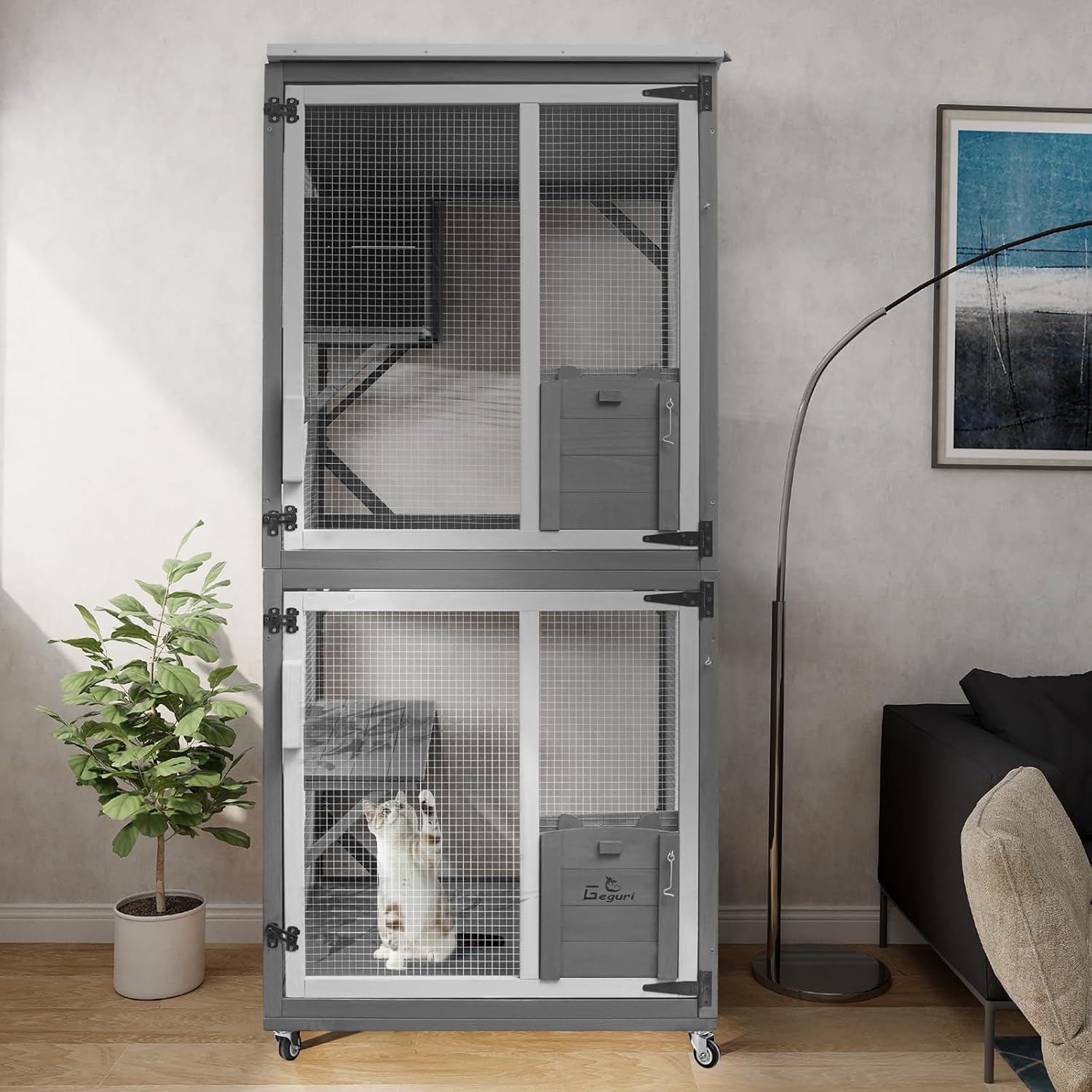 GEGURI Large Cat House Outdoor Catio Enclosure, Indoor Wooden Kitten Cage with Upgraded Resting Box, Waterproof Roof