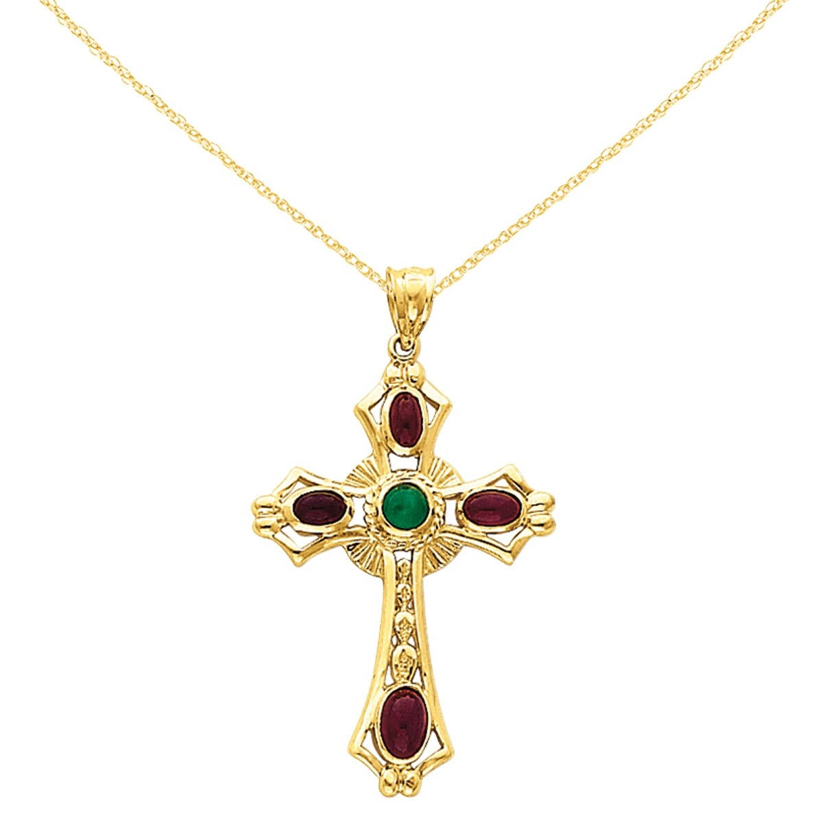 Versil 14 Karat Ruby and Emerald Cabochon Cross Pendant with 18-inch Chain, Men's, Size: 18 inch, Yellow