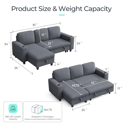 LINSY HOME Sectional Sleeper Sofa with Pull Out Couch Bed Convertible Plush Corduroy Cloud Couch with Storage Chaise & USB Charging, Comfy L Shaped Modular Couches for Living Room Apartment (Grey)