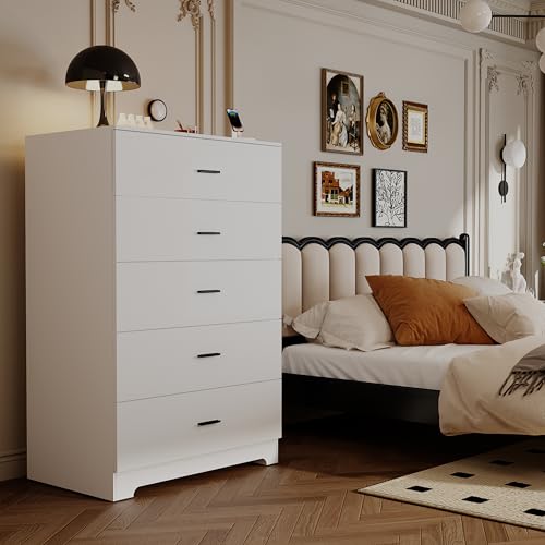 Dresser for Bedroom with Power Outlets Wood 5 Drawer Dresser with Large Storage Space Black Chest of Drawers with Smooth Metal Rail Tall Storage Organizer for Bedroom Living Room Closet