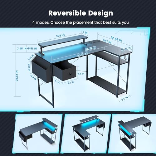 L Shaped Gaming Desk, 47 Inch Computer Desk with Adjustable Stand & RGB Lights, Corner Desk for Power Outlet, Carbon Fiber Texture