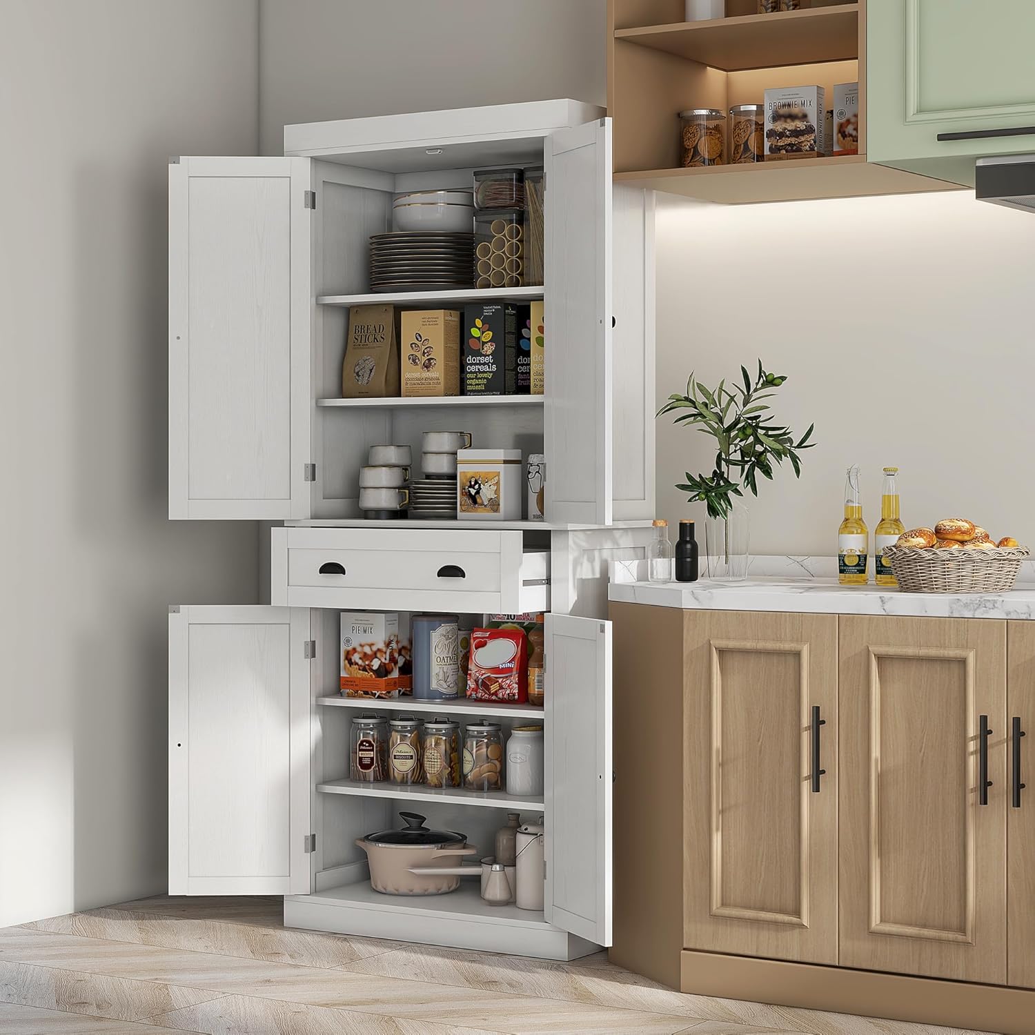 72.5" Height Kitchen Pantry Cabinet, Farmhouse Freestanding Storage Cupboard with 4 Doors, One Drawer, 3 Adjustable Shelves, Hutch Bar Cabinet for Dining Room, Bathroom, Kitchen