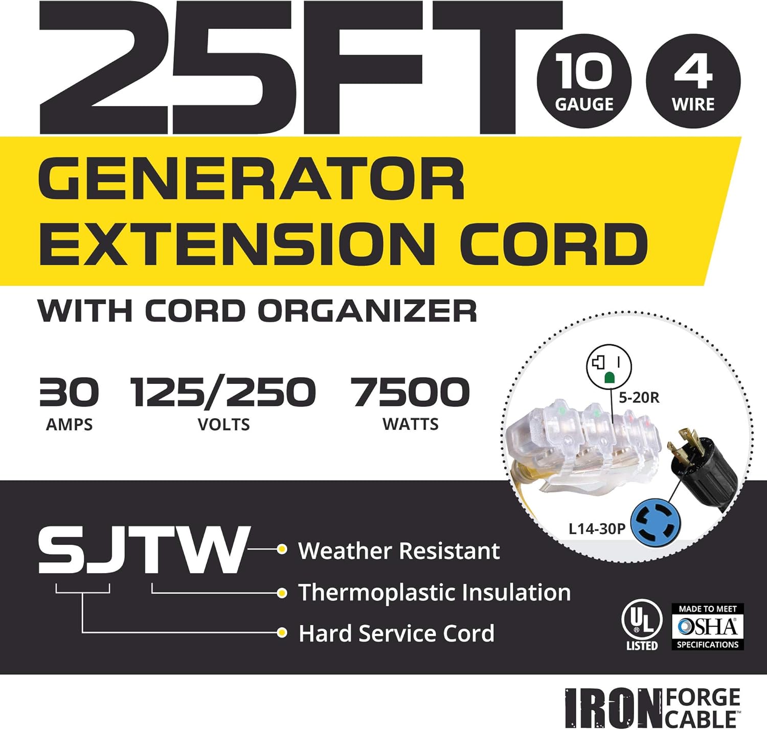 30 Amp Generator Cord - L14-30 40 Ft Generator Power Cable with Organizer 10/4 SJTW, 125/250v, 7500 Watt