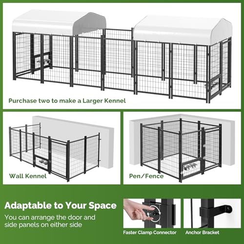 SINO LUBAN Outdoor Dog Kennel Outside Run with Doggy Door, Swivel Feeder&Roof - 8x4x6 Large Dog Kennels Pens Outside for Large Dogs Breed-Heavy Duty Cage Enclosure Yard (Can Connect to Your Dog House)