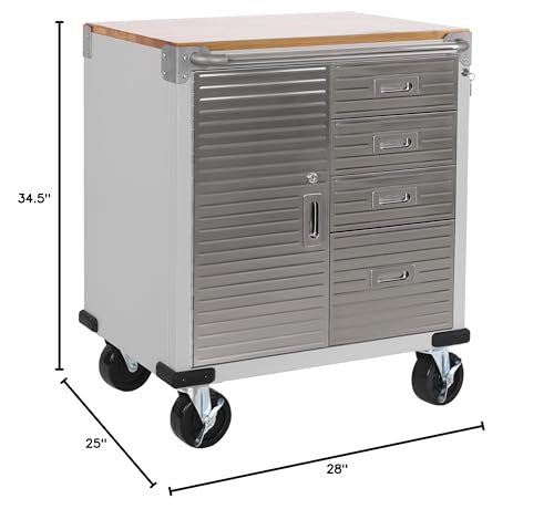 Seville Classics UltraHD Heavy Duty Rolling Cabinet Workbench Table w/Solid Wood Top Workstation for Garage, Warehouse, Office, Workshop, 34.5" H, 2-Door (28" W x 18" D), Granite
