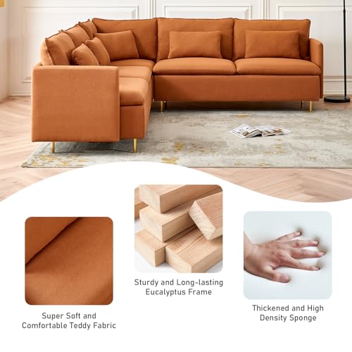 L Shaped Sectional Couch Sofa, 5 Seat Sofas with 5 Waist Pillow, Mid Century Modern Sectional Couches for Living Room, Small Apartments and Office (Beige)