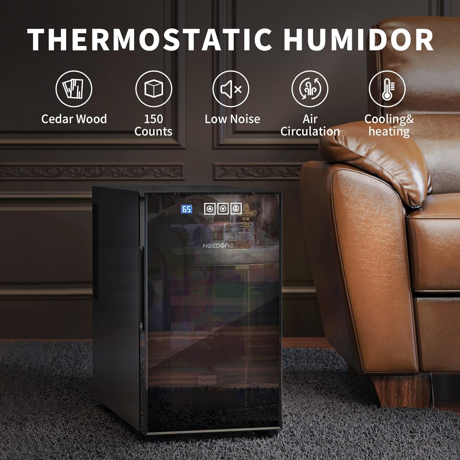 NEEDONE Electric Humidor 23L with Heating and Cooling Quiet Control System, Thermostatic Cooler Cabinet for 150 Counts with Spanish Cedar Wood Shelves & Drawer with Hygrometer, Gift for Men