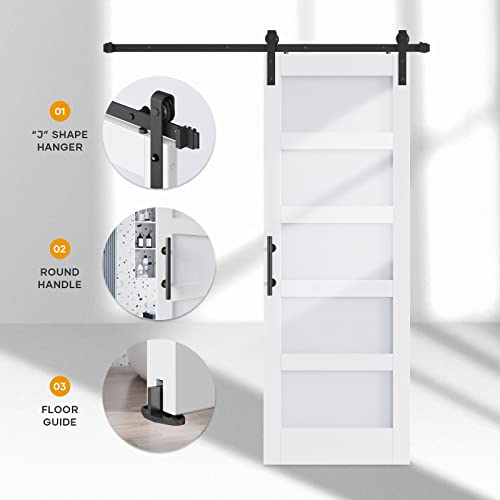 36x84 Inch Glass Sliding Barn Door Slab and 6.6ft Hardware Kit Included, 5 Frosted Glass, LVL Wood Panel Covered with White Water-Proof Scratch-Proof PVC Surface, Simple DIY Assembly
