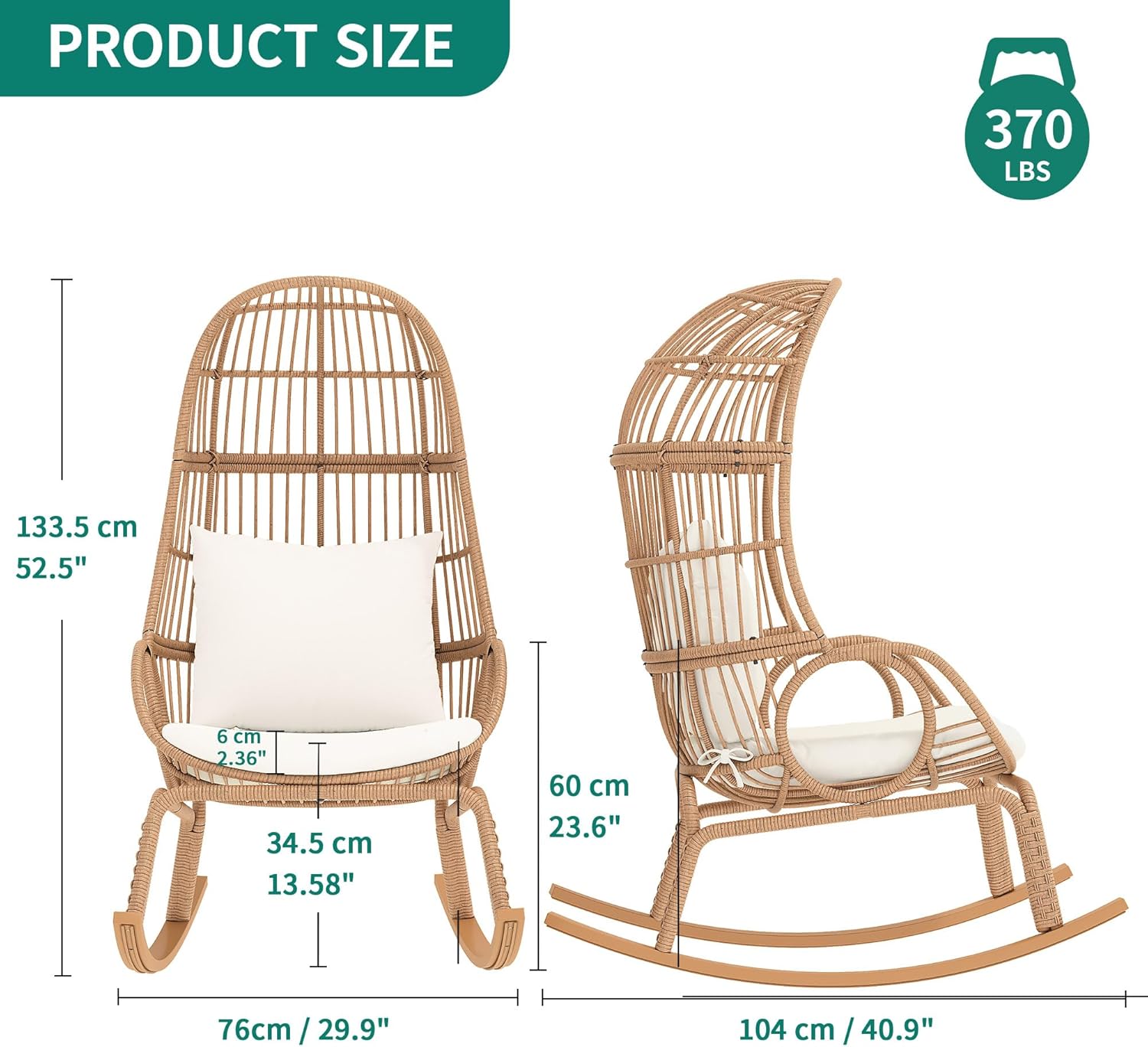 YITAHOME Rocking Egg Chair Outdoor, 370lbs Capacity Wicker Patio Basket Chair, All-Weather Small Egg Lounger Chair for Indoor Outside (Beige)
